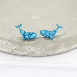 Titanium ear wire - Pearly blue whale stud earrings - Delicate hypoallergenic earrings - Minimalist studs - Sea