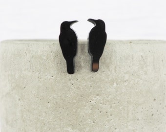 Titanium ear wire bird stud earrings - Glossy black acrylic Crows- Delicate hypoallergenic earrings