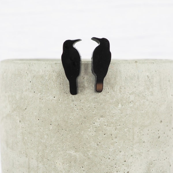 Titanium ear wire bird stud earrings - Glossy black acrylic Crows- Delicate hypoallergenic earrings