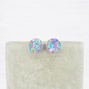 Pink & Blue Glitter Stud Earrings: Hypoallergenic Titanium Wire