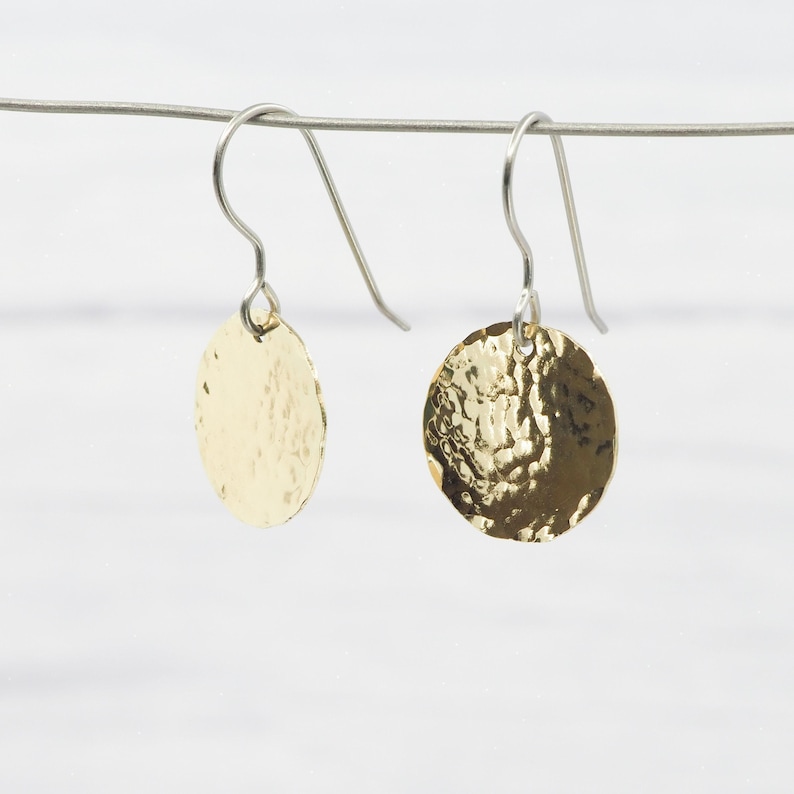 Brass Dimple Hammered Earrings: Titanium Ear Wires, Sensitive Ears image 4