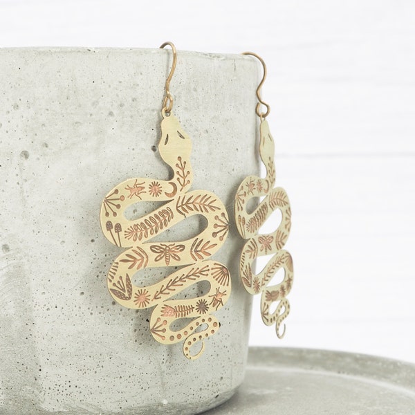 Hypoallergenic titanium ear wires - Brass Folk snake dangle earrings - Unique gift