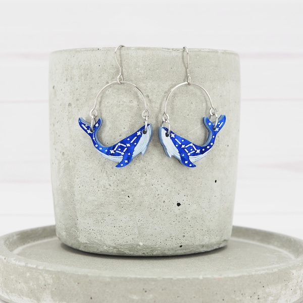 Blue Whale Earrings: Lightweight Titanium Hoops with Acrylic Dangles