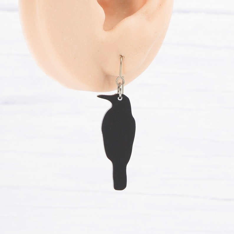 Titanium hypoallergenic ear wire Crow dangle earrings Unique Matte Black acrylic Raven Bird image 3