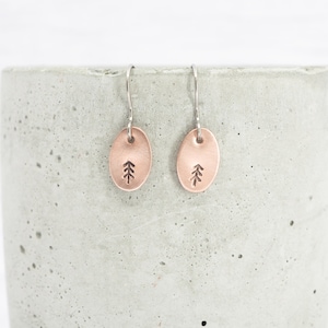 Copper oval  tree stamp dangle earrings - Hypoallergenic titanium ear wires - 7th wedding anniversary