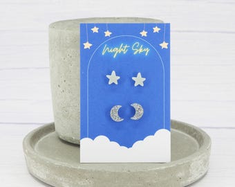 Glow in Dark Star and Moon Stud Earrings: Titanium, Hypoallergenic