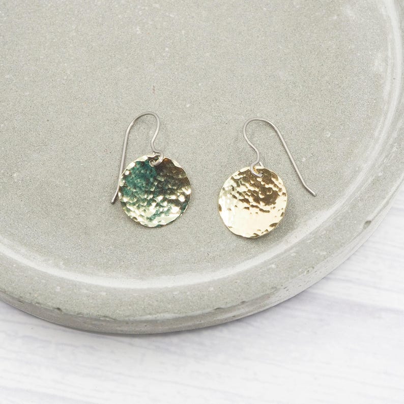 Brass Dimple Hammered Earrings: Titanium Ear Wires, Sensitive Ears image 3