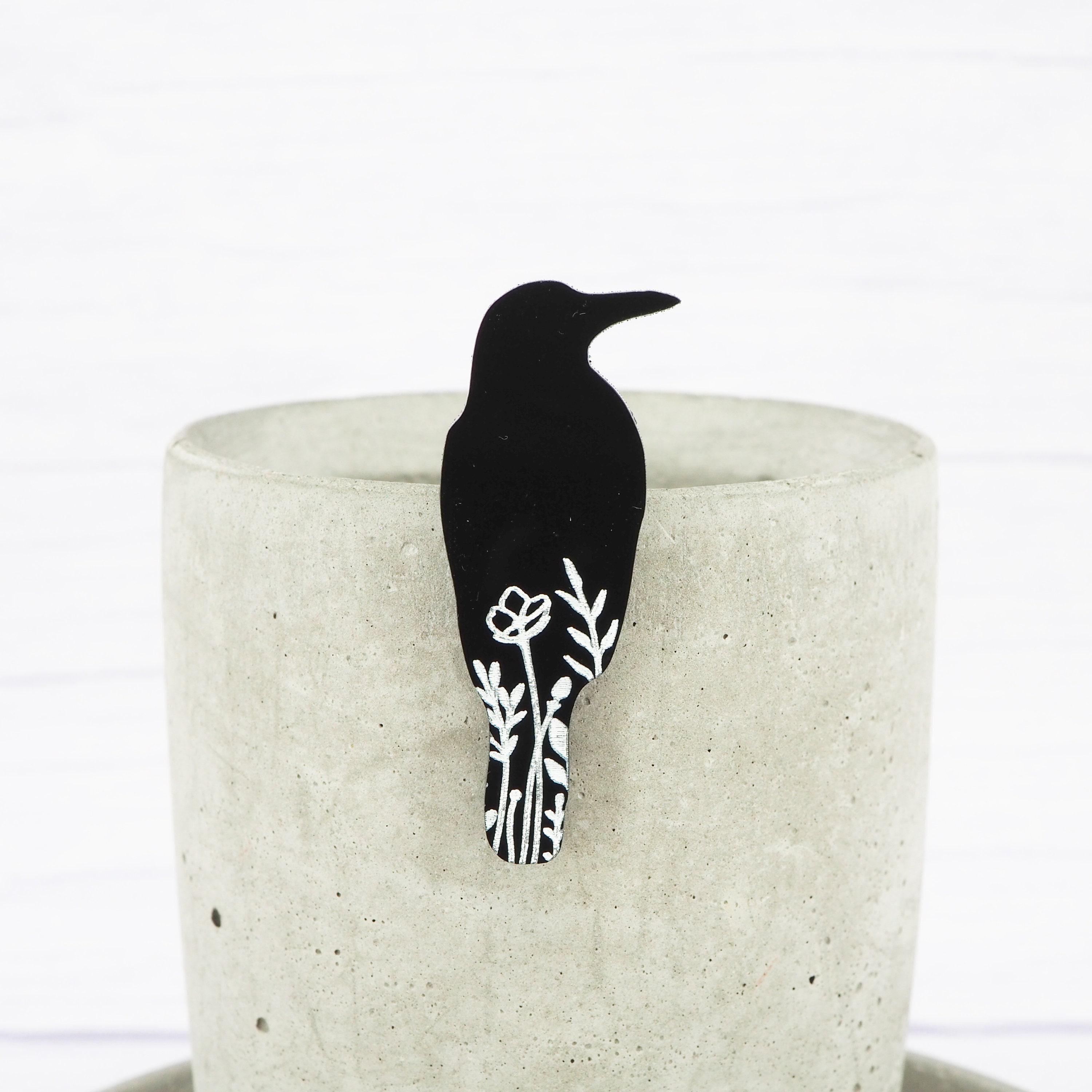 黒のフローラル柄アクリル製カラスブローチ - 鳥のバッジ - シンプル