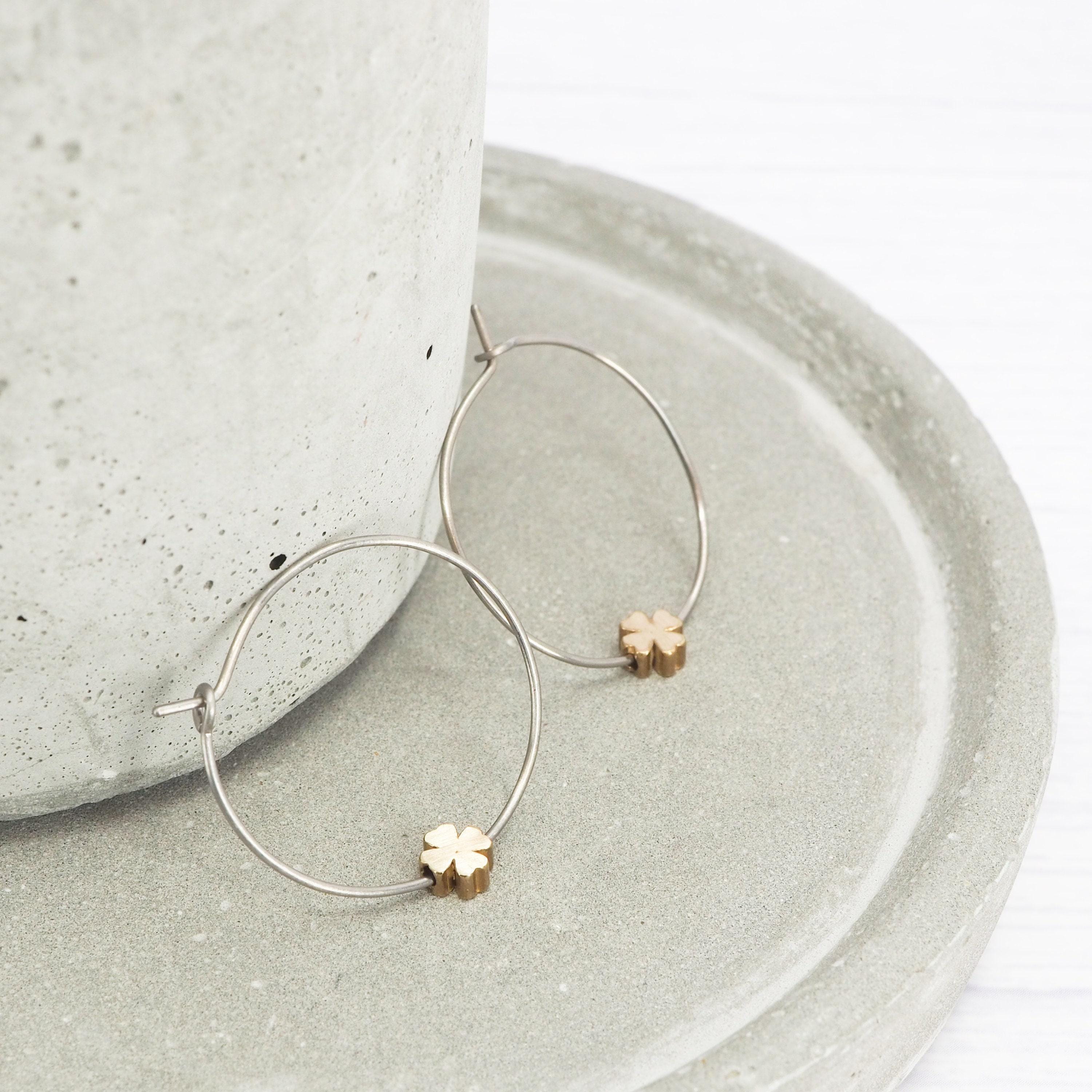 Titanium Hoop Earrings: Brass Four Leaf Clover Dangle, Hypoallergenic