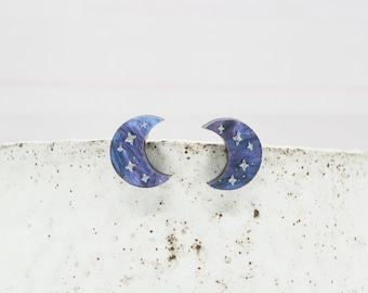 Purple Galaxy Crescent Moon Stud Earrings: Titanium Hypoallergenic Silver Stars