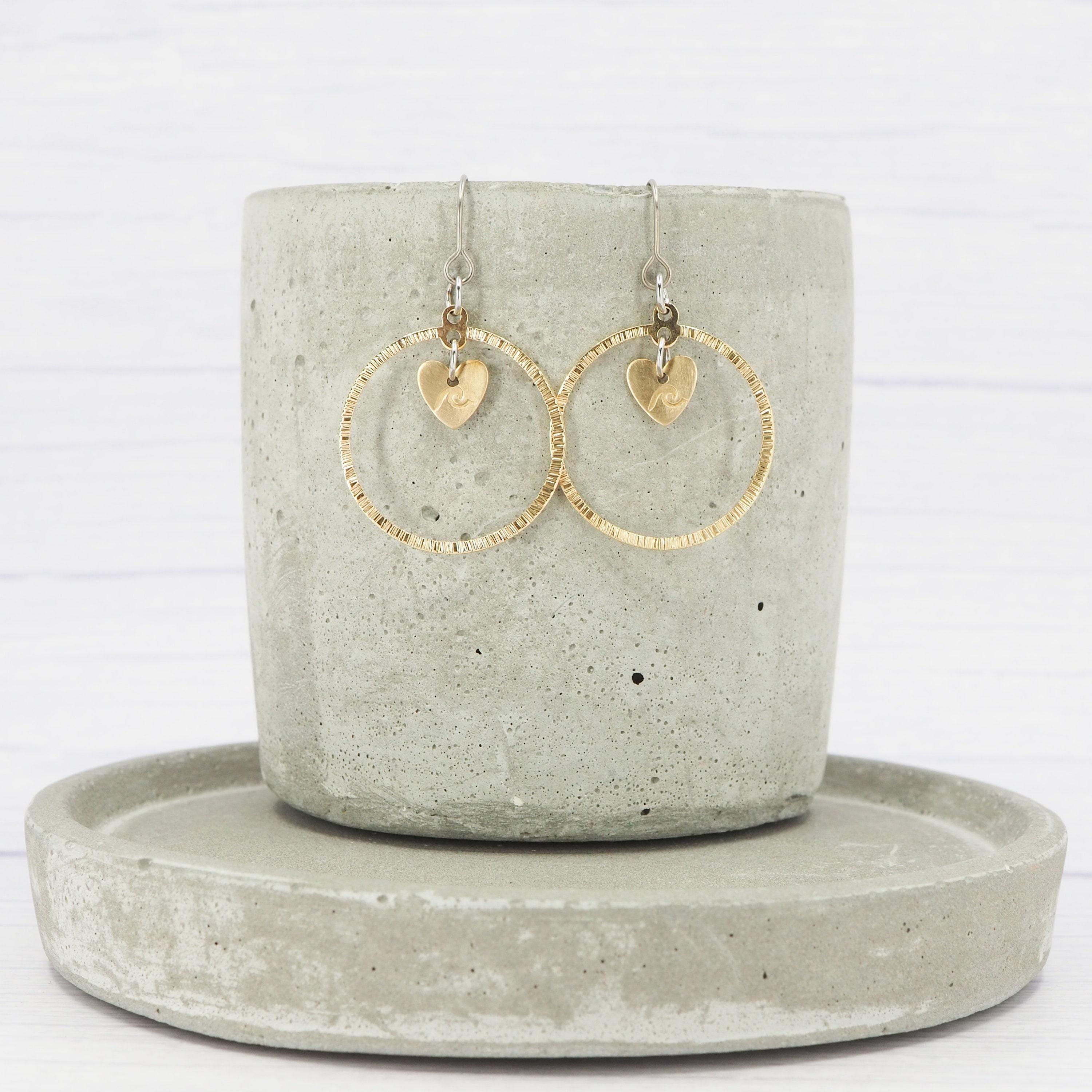 Brass Heart Dangle Earrings: Titanium Ear Wires