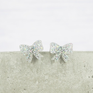 Titanium ear wire bow stud earrings - Silver holographic glitter - Delicate hypoallergenic earrings - Minimalist studs