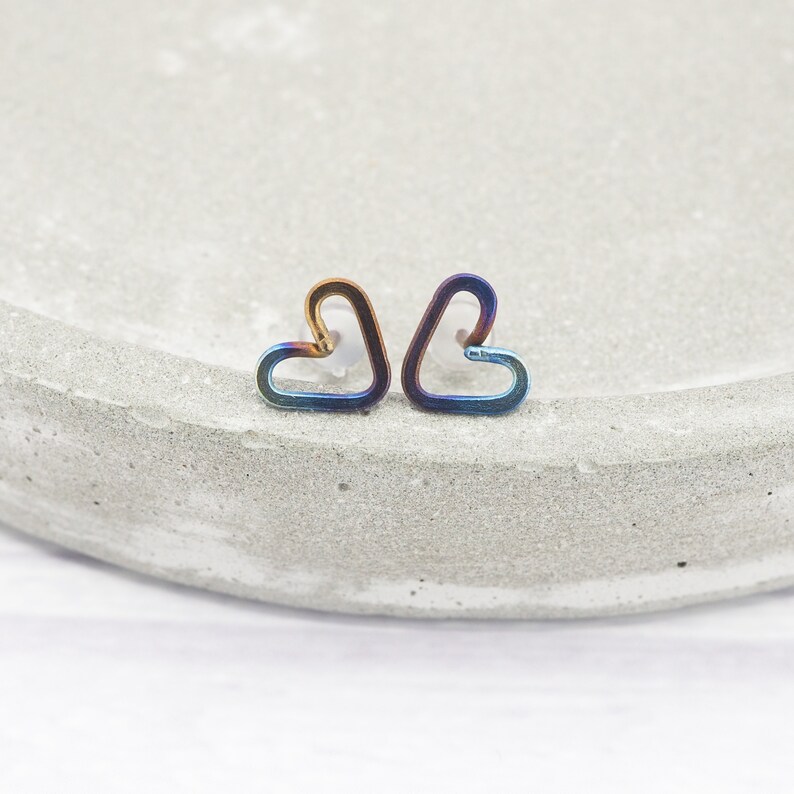 Titanium heart stud earrings Delicate lightweight hypoallergenic Boho rainbow heart earrings Valentine bride image 8