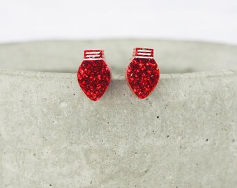 Red Glitter Christmas Light Earrings: Titanium Studs, Hypoallergenic