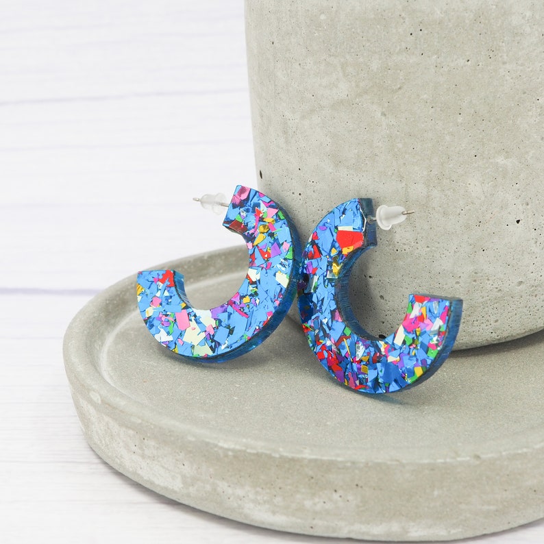 Titanium earrings Chunky disco glitter hoops Gift for her Blue flake Acrylic open hoops image 3