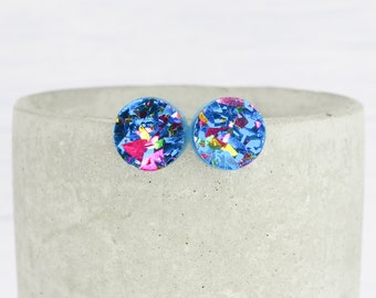 Titanium ear wire - Large blue chunky disco glitter round stud earrings - Delicate hypoallergenic earrings - Minimalist studs
