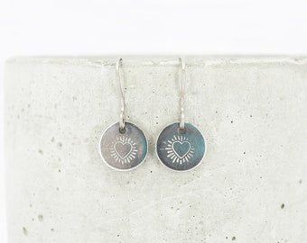 Small round heart stamp dangle earrings - Hypoallergenic titanium ear wires - Delicate small dangles