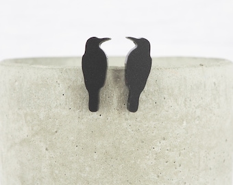 Titanium ear wire bird stud earrings - Matte black acrylic Crows- Delicate hypoallergenic earrings