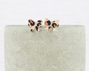 Titanium ear wire bow stud earrings - Leopard print - Delicate hypoallergenic earrings - Minimalist studs