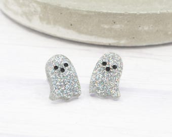 Titanium ear wire ghost stud earrings - Silver holographic glitter - Hypoallergenic earrings - Minimalist studs - Halloween