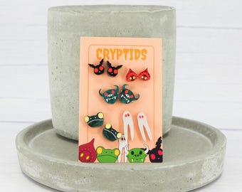 Cryptid Stud Earring Set: Hypoallergenic Titanium Wire, Spooky Halloween Earrings