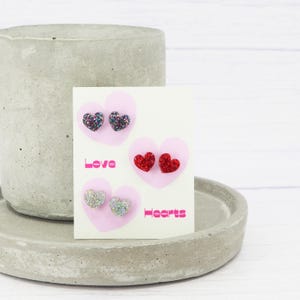 Titanium ear wire - Glitter acrylic small heart stud earrings - Delicate hypoallergenic earrings - Love - Multi-pack