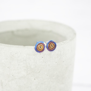 Titanium spiral stud earrings - Delicate hypoallergenic earrings - Boho rainbow minimalist studs