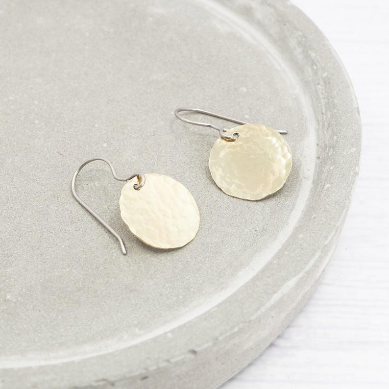 Brass Dimple Hammered Earrings: Titanium Ear Wires, Sensitive Ears image 6