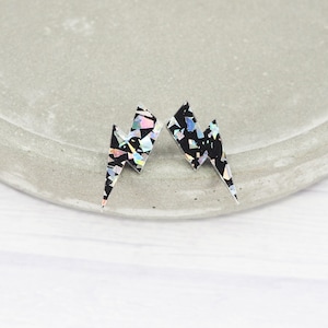 Lightning Bolt Stud Earrings: Holo Silver Glitter, Titanium Posts image 6