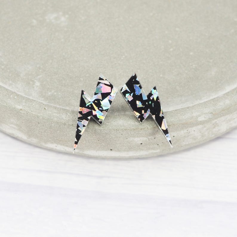 Lightning Bolt Stud Earrings: Holo Silver Glitter, Titanium Posts image 6