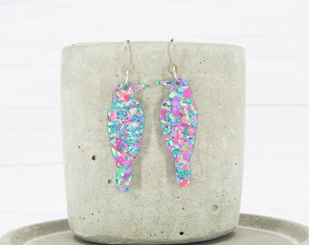 Titanium hypoallergenic ear wire - Crow dangle earrings - Unique - Pink and Blue glitter flake acrylic - Raven Bird