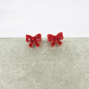 Titanium ear wire small bow stud earrings - Red glitter - Delicate hypoallergenic earrings - Minimalist studs