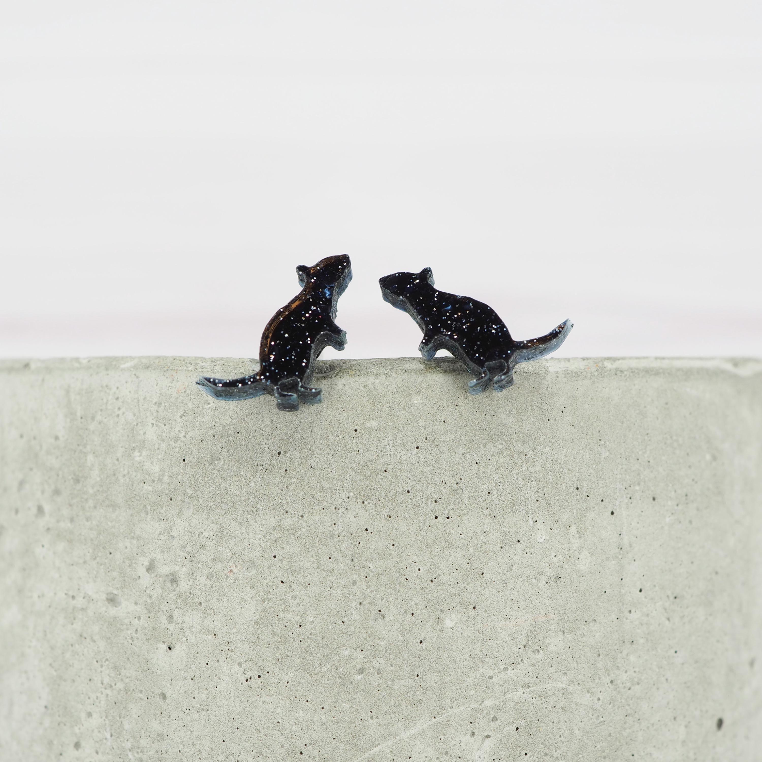 Black Glitter Rat Stud Earrings: Hypoallergenic Titanium Wire