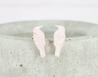 Titanium ear wire bird stud earrings - Mini Galaxy Pink Crows- Delicate hypoallergenic earrings
