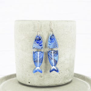 Titanium earrings  - Fish bone dangle - Unique - Blue marble acrylic - Titanium hypoallergenic ear wire