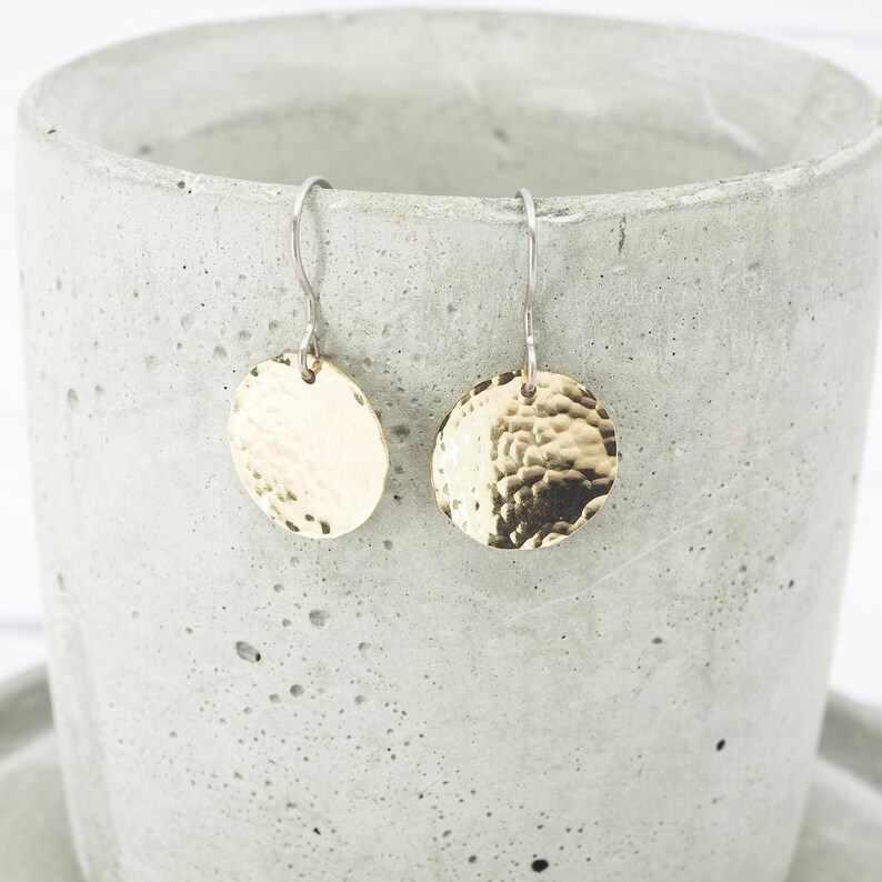 Brass Dimple Hammered Earrings: Titanium Ear Wires, Sensitive Ears image 5