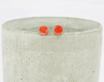 Titanium ear wire - Small Orange glitter dot stud earrings - Delicate hypoallergenic earrings - Minimalist studs