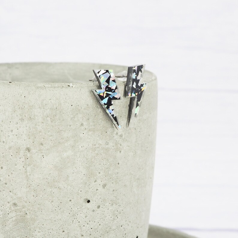 Lightning Bolt Stud Earrings: Holo Silver Glitter, Titanium Posts image 7