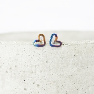 Small Anodised Titanium Heart Stud Earrings: Hypoallergenic Minimalist Jewellery