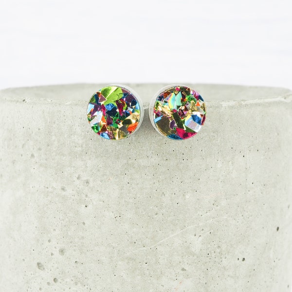 Titanium ear wire - Large rainbow chunky disco glitter round stud earrings - Delicate hypoallergenic earrings - Minimalist studs