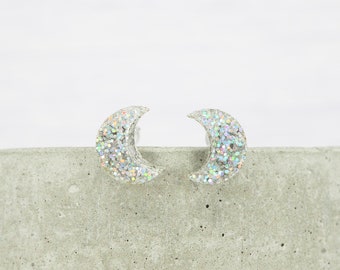 Titanium ear wire crescent moon - Silver holographic glitter stud earrings - Delicate hypoallergenic earrings - Minimalist studs