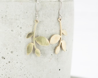 Brass Leaf Dangle Earrings: Titanium Ear Wires, Sensitive Ears