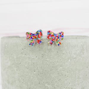 Titanium ear wire bow stud earrings - Bright mixed glitter - Delicate hypoallergenic earrings - Minimalist studs