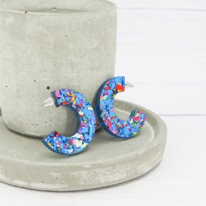 Titanium earrings Chunky disco glitter hoops Gift for her Blue flake Acrylic open hoops image 1