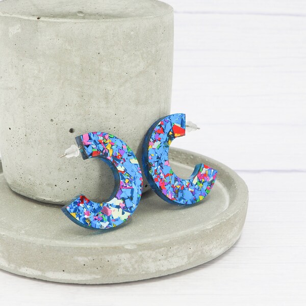 Titanium earrings - Chunky disco glitter hoops - Gift for her - Blue flake - Acrylic open hoops