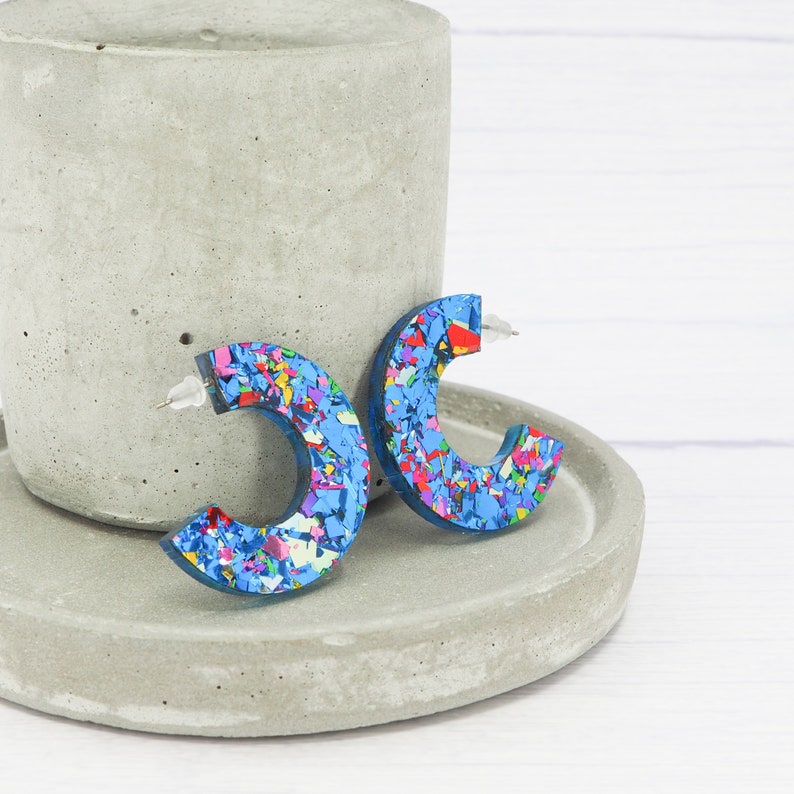 Titanium earrings Chunky disco glitter hoops Gift for her Blue flake Acrylic open hoops image 1