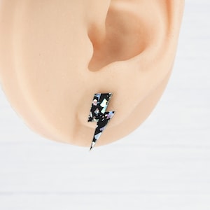 Lightning Bolt Stud Earrings: Holo Silver Glitter, Titanium Posts image 2