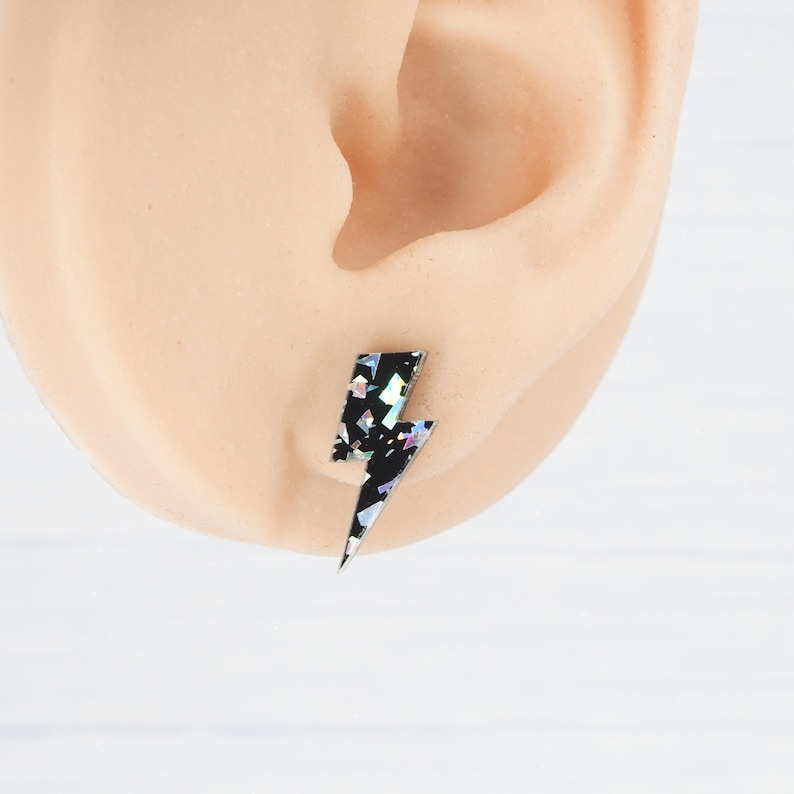 Lightning Bolt Stud Earrings: Holo Silver Glitter, Titanium Posts image 2