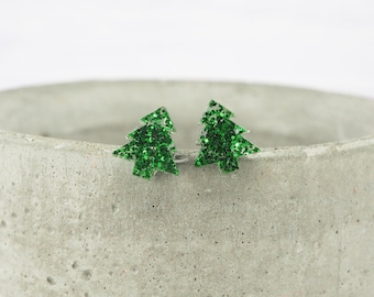 Titanium ear wire Christmas tree stud earrings - Green glitter - Delicate hypoallergenic earrings - Minimalist studs