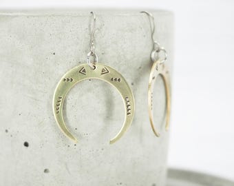 Stamped Brass Crescent Earrings: Hypoallergenic Titanium Wires